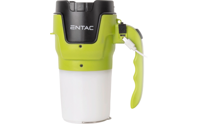 Partie supérieure vert-noir, partie inférieure cylindrique blanche, zone noire avec l'inscription blanche ENTAC, poignée à droite avec un câble USB blanc branché sur le connecteur