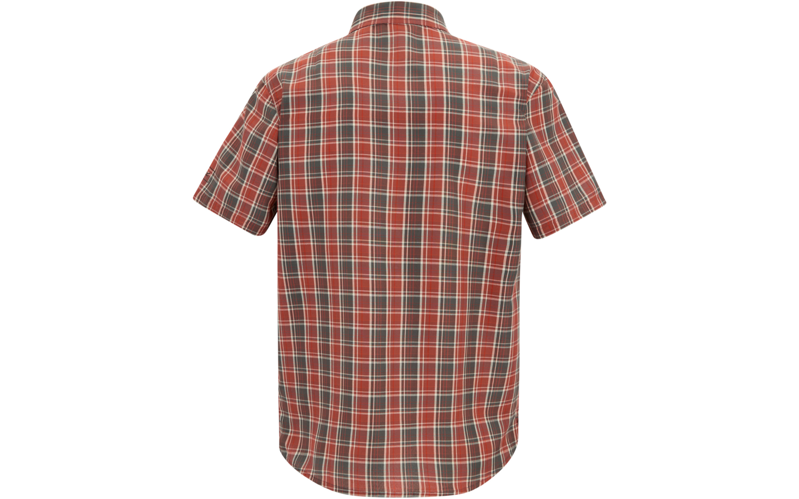 Rückansicht eines roten karierten Kurzarmhemds mit weißen und dunklen Streifen