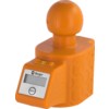 Orangenes Kunststoffobjekt mit würfelförmiger Basis und kugelförmigem oberen Teil, kleines rechteckiges Display mit 'ON/OFF'-Knopf, kleine Wasserwaage, Schriftzug 'Berger', strukturierte Seiten