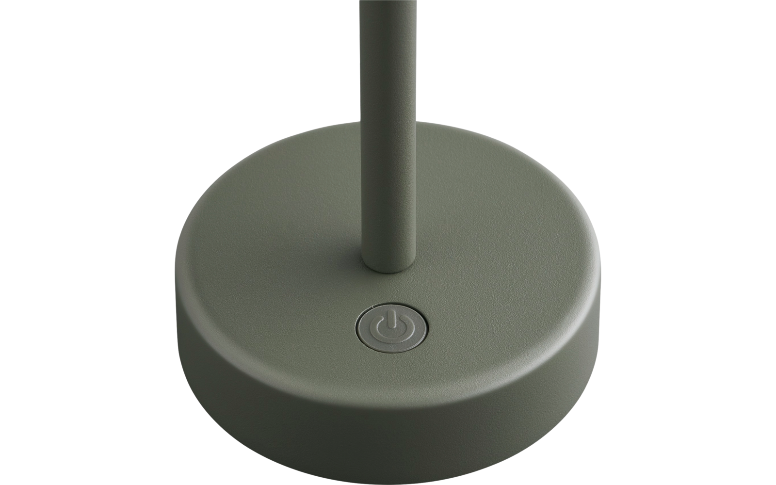 Runde olivgrüne Basis mit senkrechtem Stab in der Mitte und rundem Knopf mit Ein-/Aus-Symbol