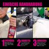 Drei Schritte zur einfachen Handhabung eines Produkts, mit Bildern von Händen, die eine Flasche, eine Sprühvorrichtung und eine weiße Oberfläche zeigen