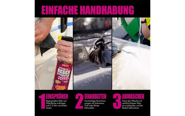 Drei Schritte zur einfachen Handhabung eines Produkts, mit Bildern von Händen, die eine Flasche, eine Sprühvorrichtung und eine weiße Oberfläche zeigen