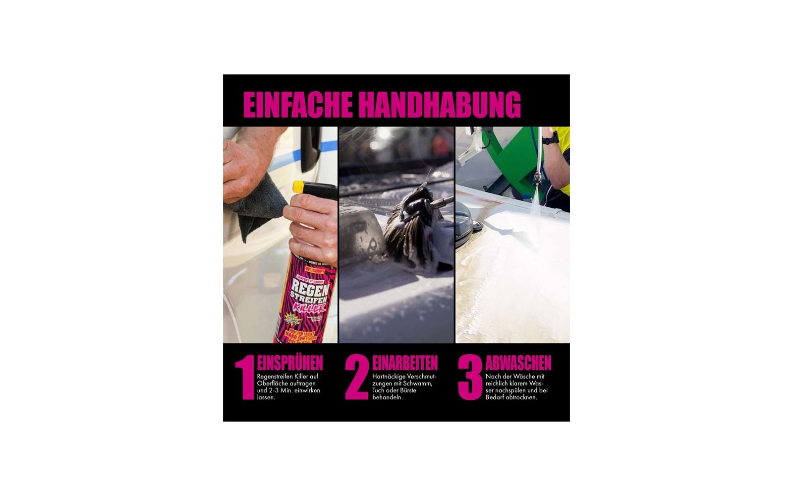 Drei Schritte zur einfachen Handhabung eines Produkts, mit Bildern von Händen, die eine Flasche, eine Sprühvorrichtung und eine weiße Oberfläche zeigen