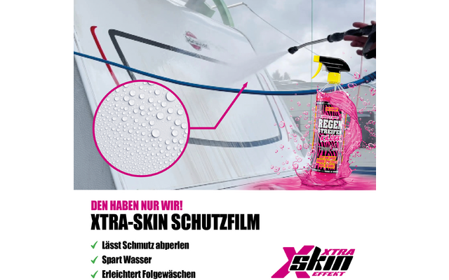 Sprühflasche sprüht Flüssigkeit auf weißen Skischutz mit rotem Schriftzug und schwarzem Logo