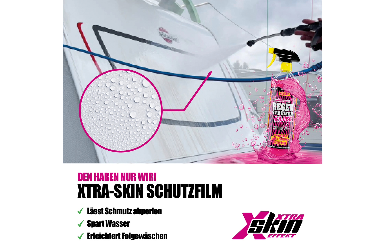 Sprühflasche sprüht Flüssigkeit auf weißen Skischutz mit rotem Schriftzug und schwarzem Logo
