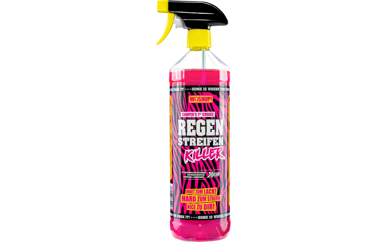 Sprühflasche mit pinkfarbener Flüssigkeit und gelber Sprühkopf