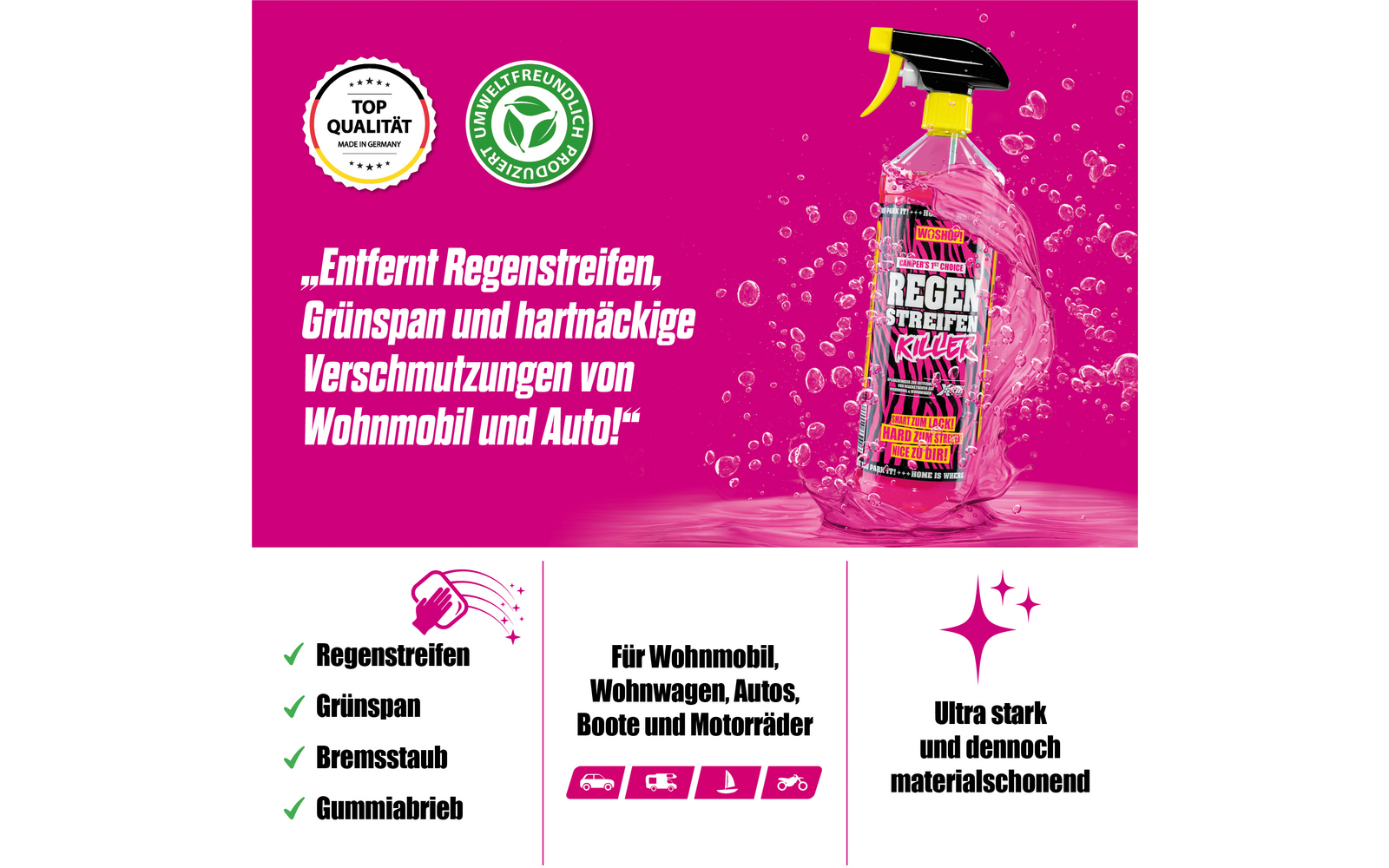 Flasche mit rotem Etikett und gelbem Verschluss, umgeben von grünen Blättern, auf rosa Hintergrund