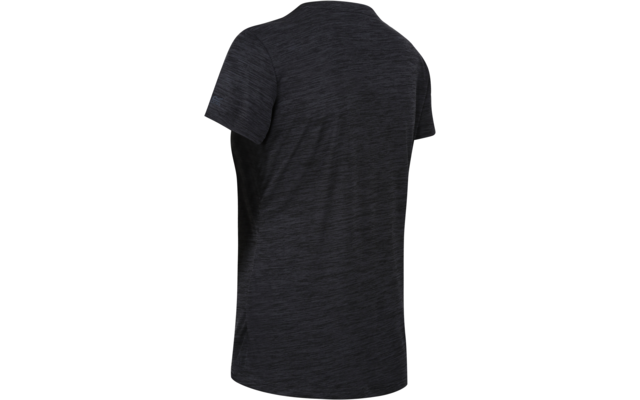 Rückenansicht eines dunkelgrauen melierten T-Shirts mit kurzen Ärmeln vor weißem Hintergrund