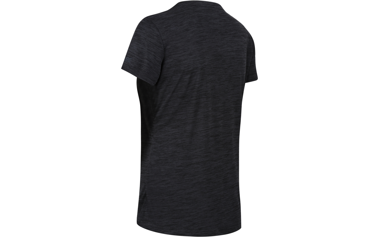 Rückenansicht eines dunkelgrauen melierten T-Shirts mit kurzen Ärmeln vor weißem Hintergrund