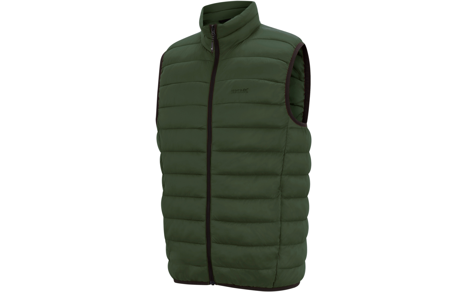 Veste sans manches matelassée verte avec fermeture éclair noire sur toute la longueur et col montant
