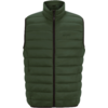 Veste sans manches matelassée vert foncé avec col montant, fermeture éclair noire devant, piqûres horizontales et petit logo sur la poitrine gauche