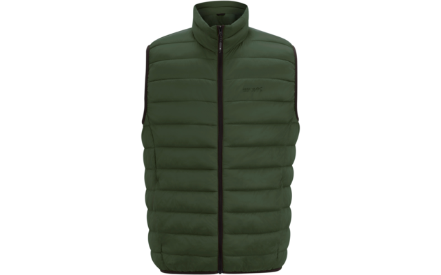 Veste sans manches matelassée vert foncé avec col montant, fermeture éclair noire devant, piqûres horizontales et petit logo sur la poitrine gauche