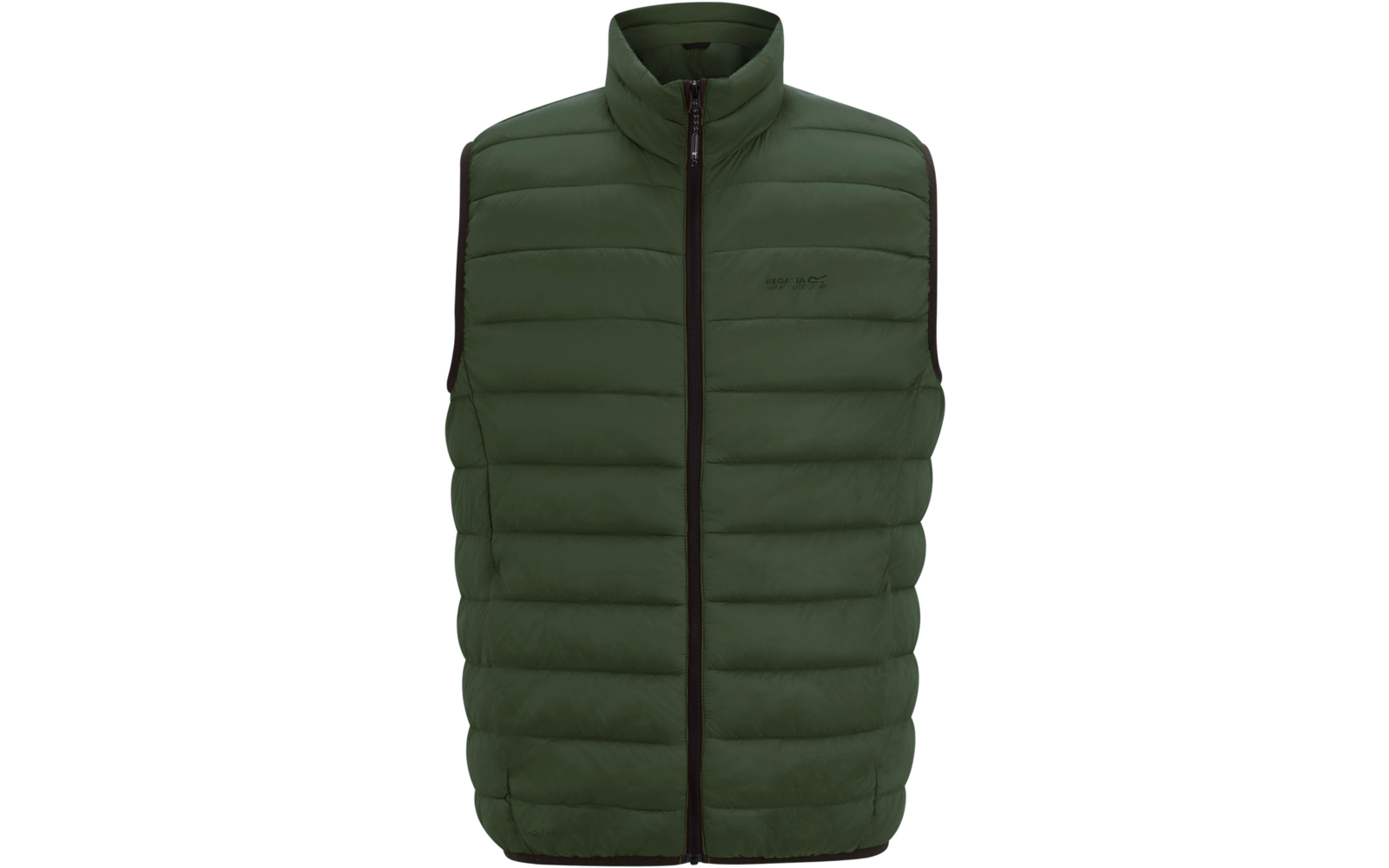 Veste sans manches matelassée vert foncé avec col montant, fermeture éclair noire devant, piqûres horizontales et petit logo sur la poitrine gauche