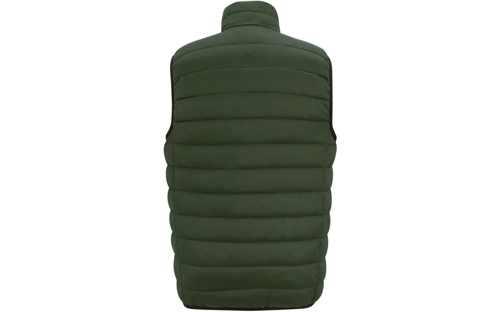 Vue de dos d'une veste sans manches matelassée vert foncé avec col montant et petit logo carré en haut au centre
