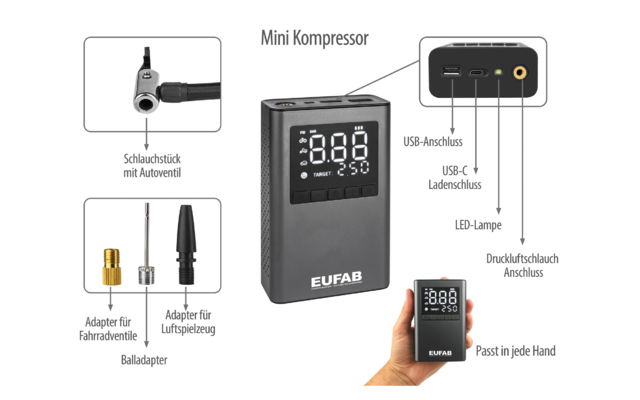 Eufab battery operated mini compressor with integrated powerbank 800 mAh