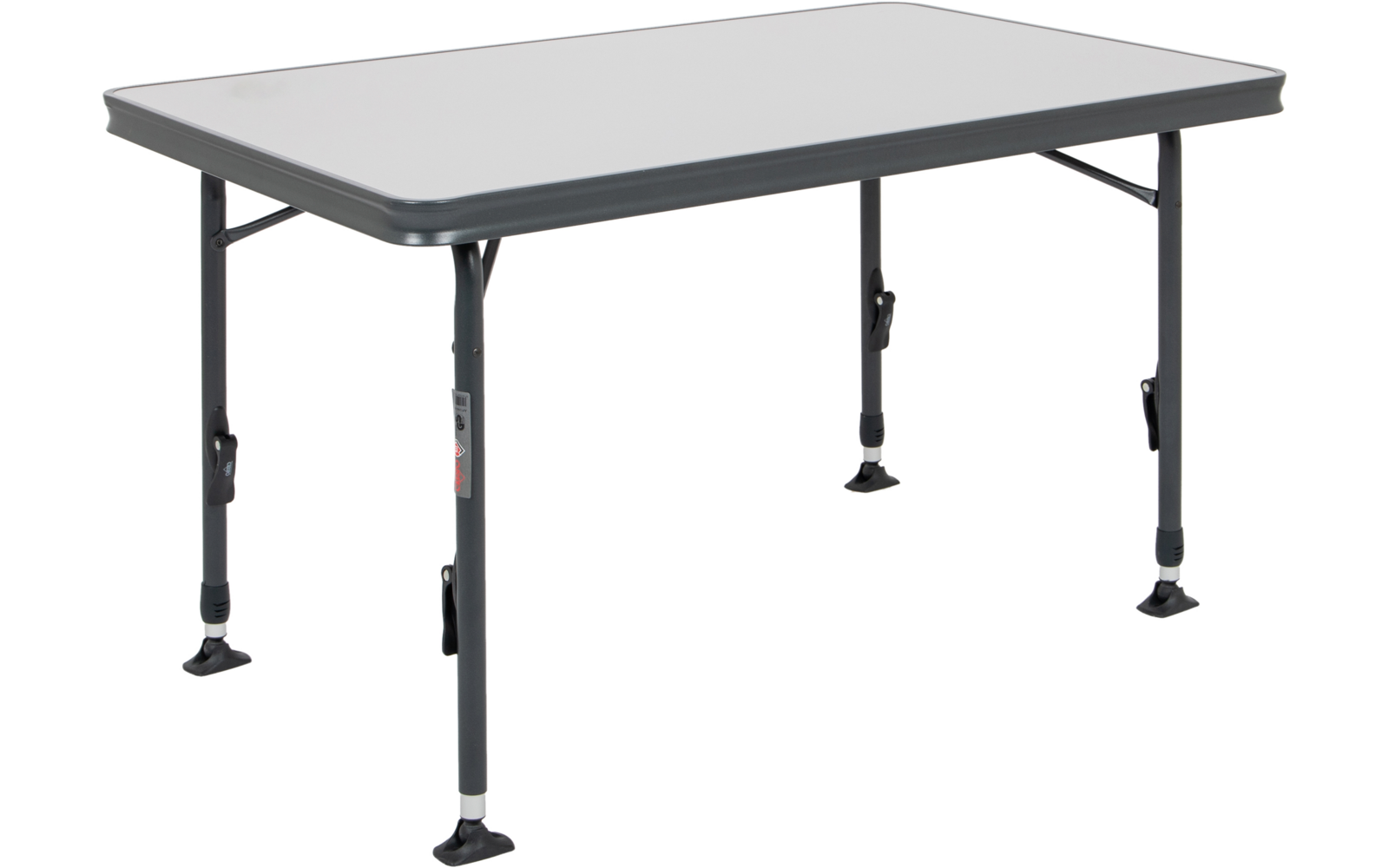 Klapptisch mit rechteckiger grauer Tischplatte und vier schwarzen höhenverstellbaren Beinen
