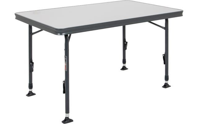 Klapptisch mit rechteckiger grauer Tischplatte und vier schwarzen höhenverstellbaren Beinen