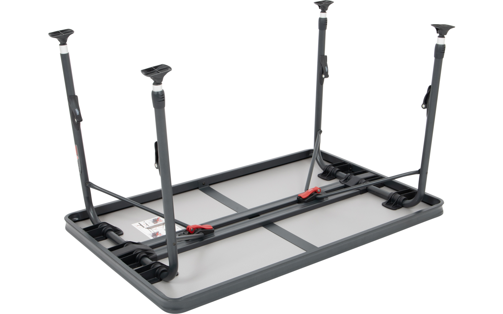 Umgedrehter schwarzer Tisch mit vier ausziehbaren Metallbeinen