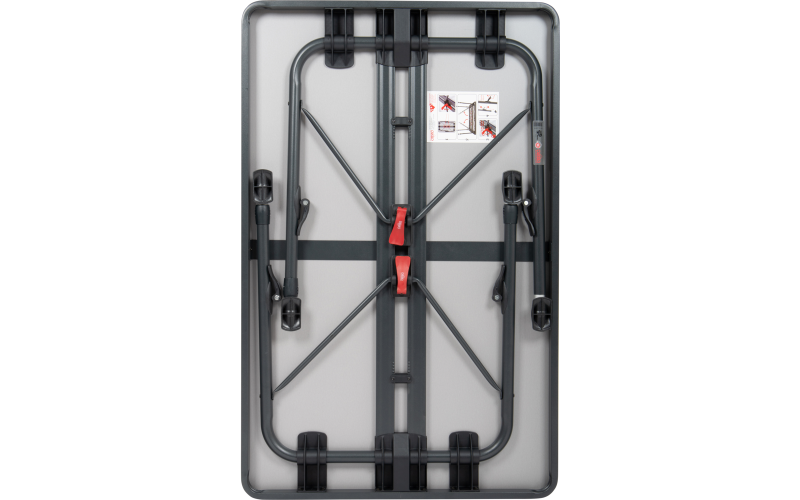 Gefalteter schwarzer Klapptisch mit zwei roten Sicherungen und einem weißen Aufkleber in der Mitte