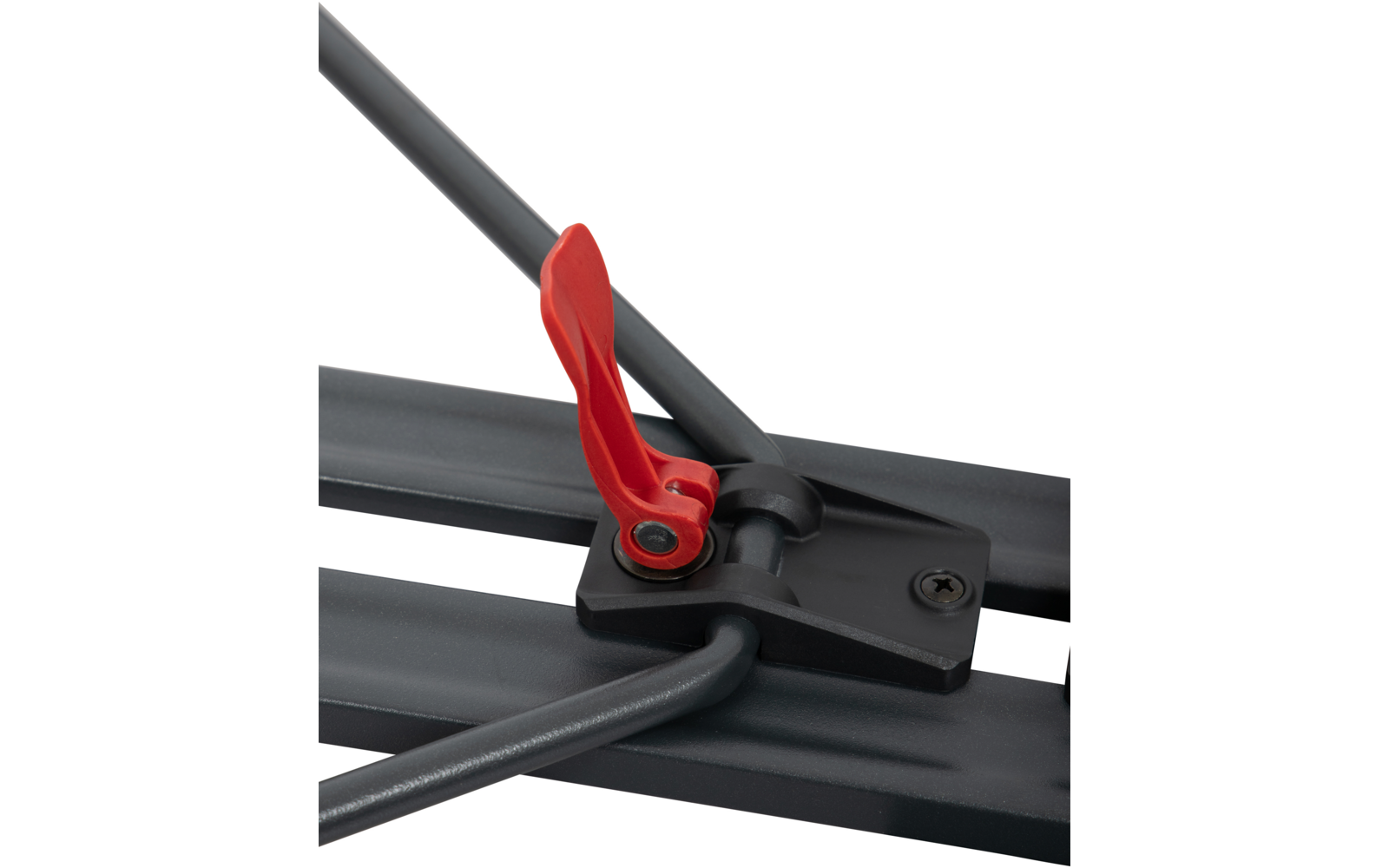 Nahaufnahme eines schwarzen Metallgestells mit rotem Hebel