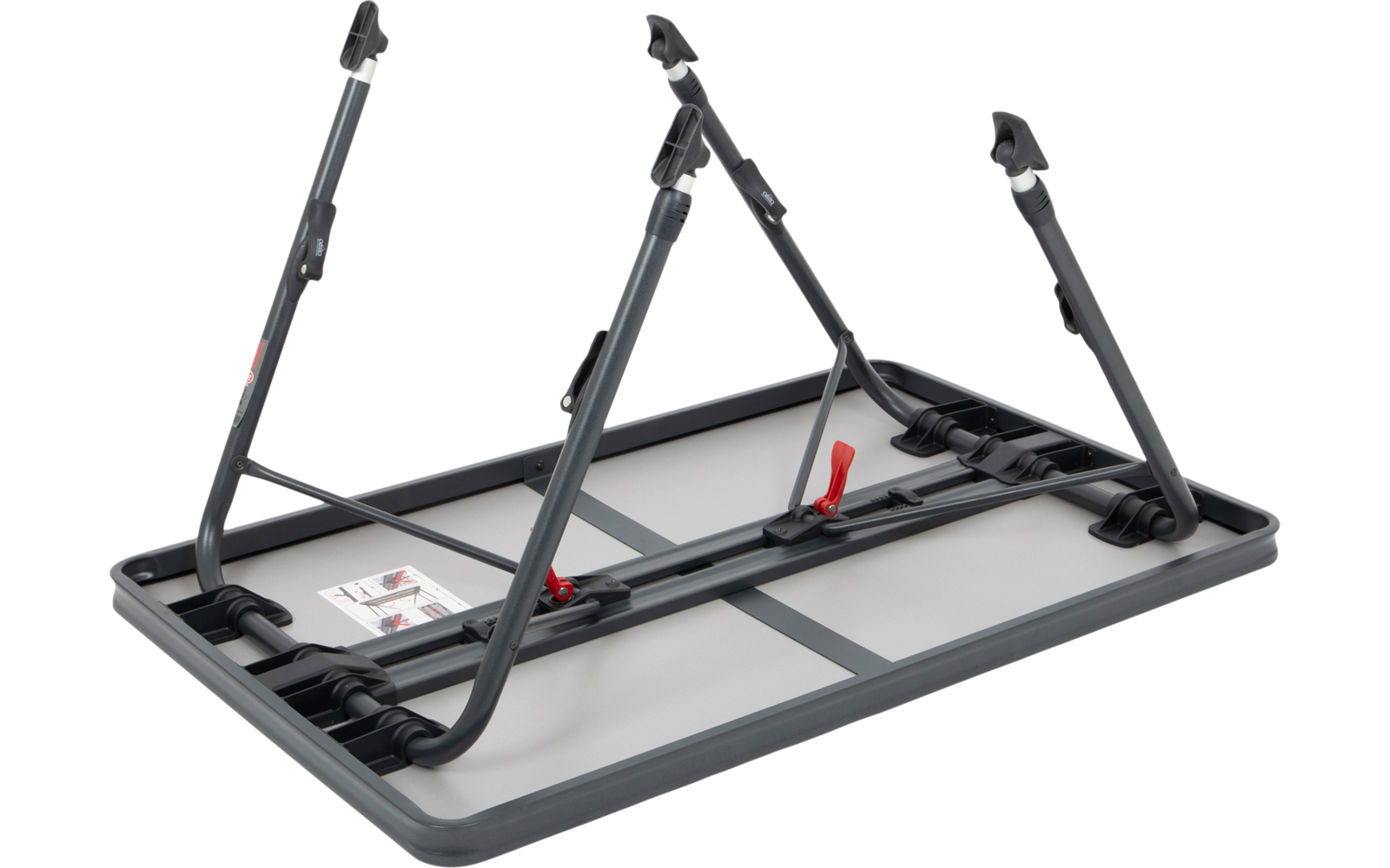 Schwarzer Fahrradträger mit roten Haltepunkten auf einem grauen Untergrund