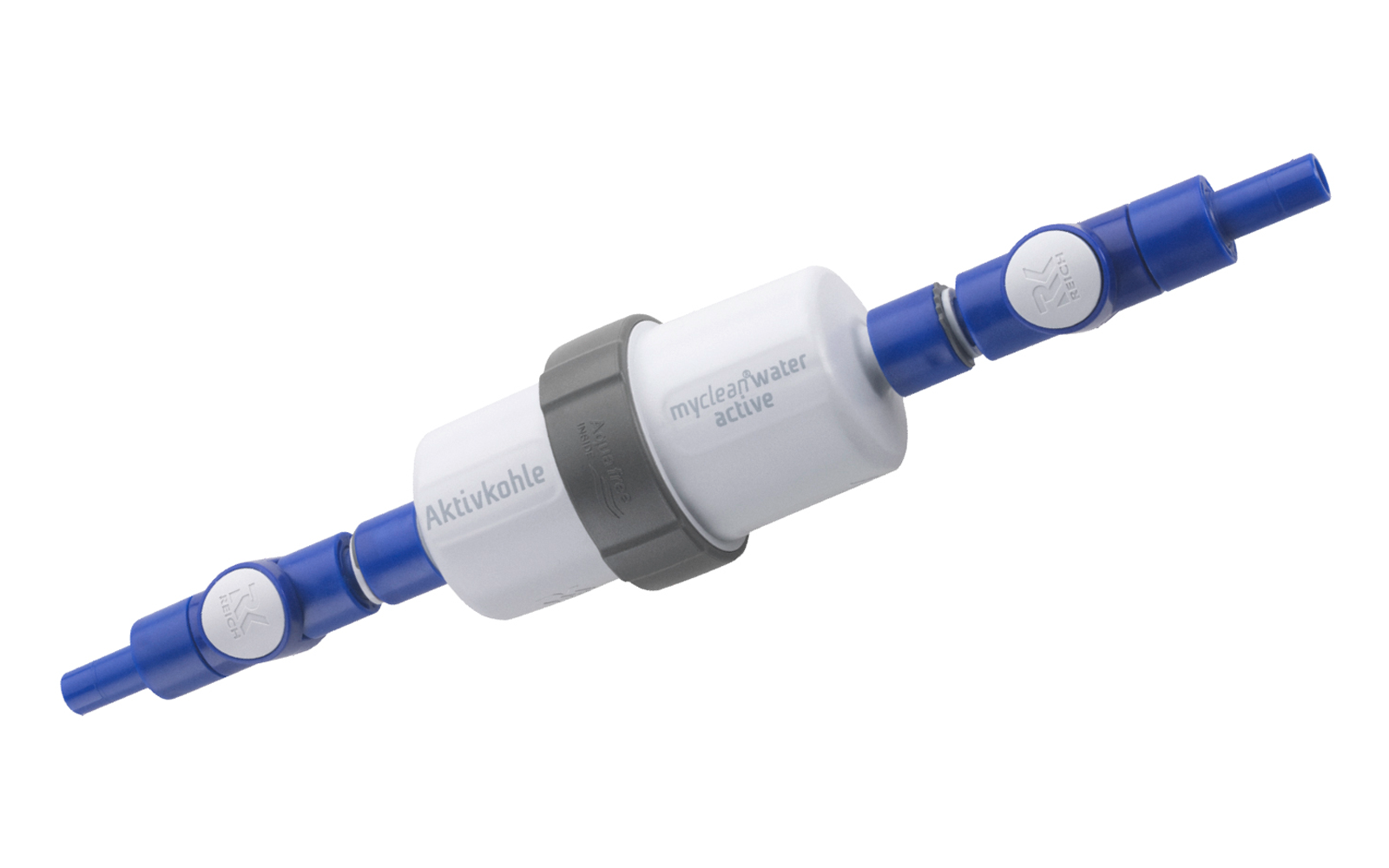 Een wit waterfilter met blauwe aansluitingen aan beide zijden