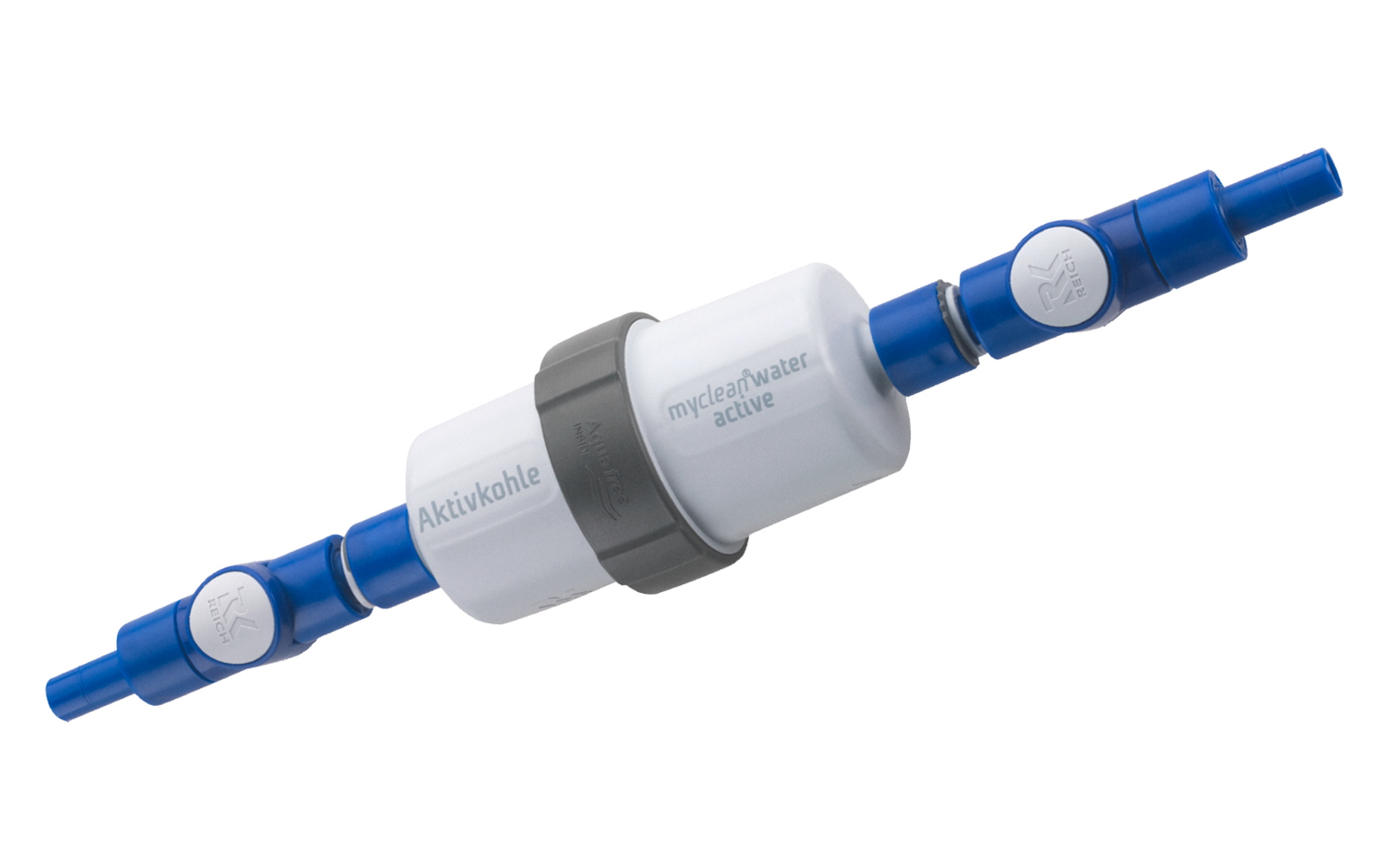 Ein weißer Wasserfilter mit blauen Anschlüssen auf beiden Seiten