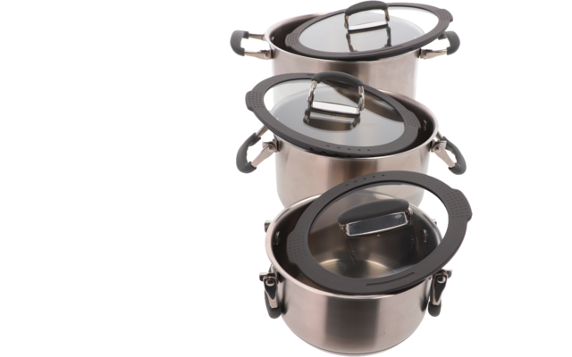 Vier ineinandergestapelte Edelstahltöpfe mit Deckeln
