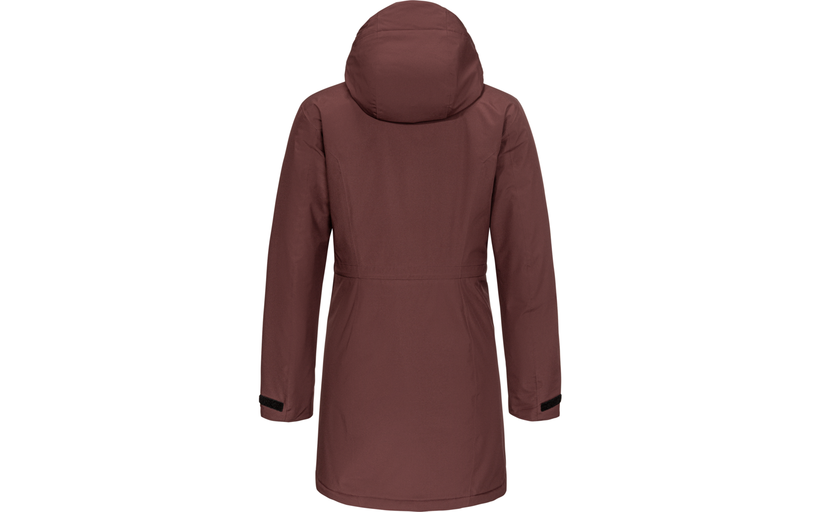Achteraanzicht van een kastanjekleurige parka met capuchon tot halverwege de dij, met taille-naad en verstelbare klittenbandmanchetten