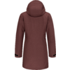 Achteraanzicht van een kastanjekleurige parka met capuchon tot halverwege de dij, met taille-naad en verstelbare klittenbandmanchetten