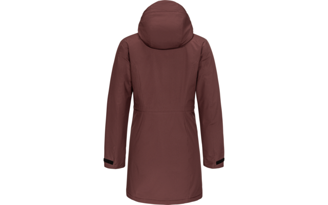 Achteraanzicht van een kastanjekleurige parka met capuchon tot halverwege de dij, met taille-naad en verstelbare klittenbandmanchetten