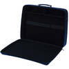 Offener leerer dunkelblauer Koffer/Etui mit schwarzem, gepolstertem Innenraum, Innenriemen und Tragegriff