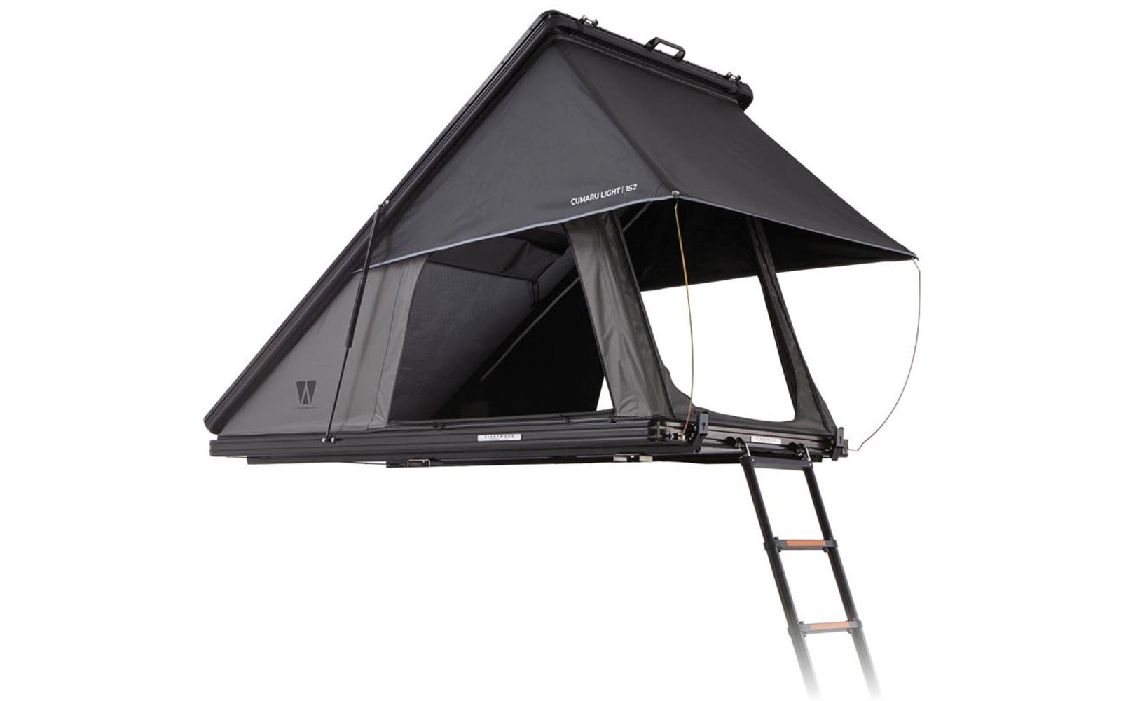Aufgeklapptes anthrazitfarbenes Zelt auf rechteckiger Hartschalen-Basis mit offenem Eingang und angehängter Leiter