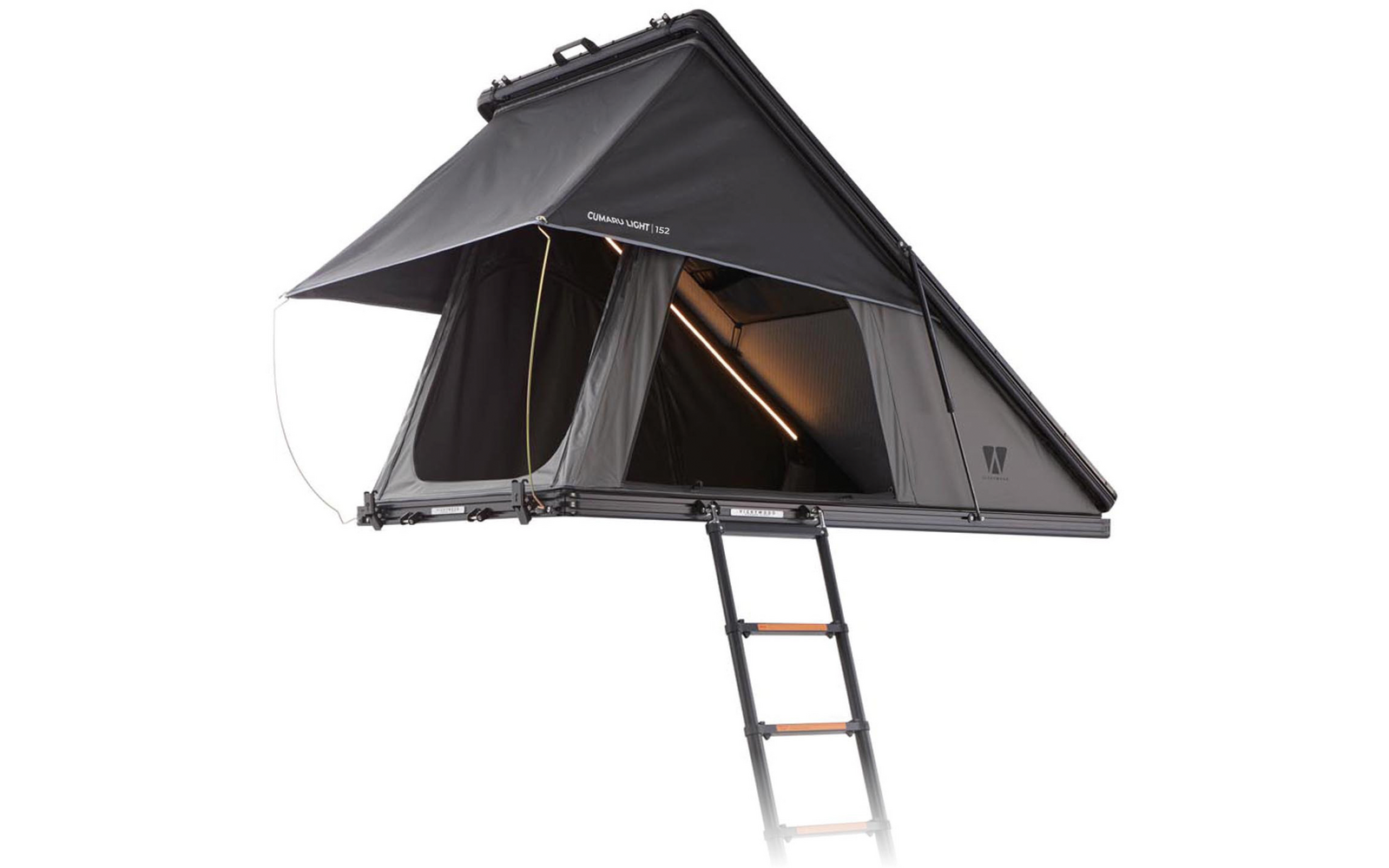 Aufgeklapptes dunkelgraues Dachzelt mit geöffnetem Eingang, sichtbarem Innenraum und ausgezogener Leiter