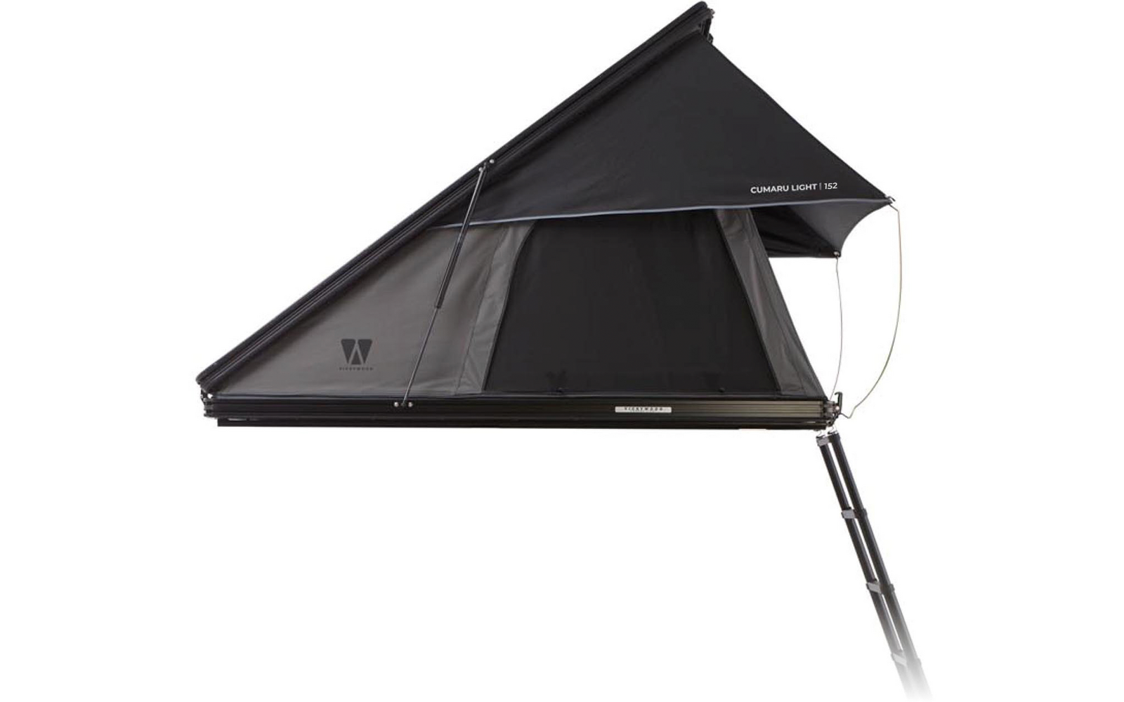 Aufgeklapptes schwarzes und dunkelgraues Dachzelt mit dreieckigem Profil, seitlicher Öffnung und befestigter Leiter