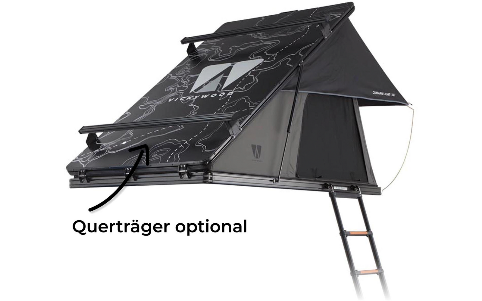 Aufgestelltes schwarzes Dachzelt mit grafischem Muster, Metallrahmen und ausgezogener Leiter; schwarzer Pfeil und Text 'Querträger optional'