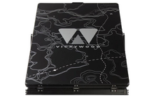 Black rectangular object with white contour lines, large stylized 'W' logo and 'VICKYWOOD' text, dashed route line, small 'X' marks, and metal hinges at the bottom edge
