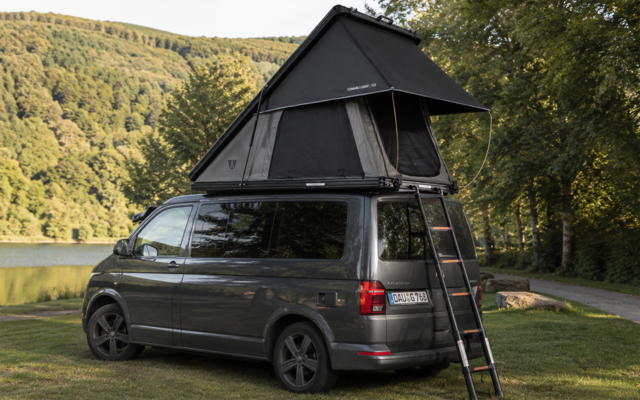 Grauer Camper-Van mit aufgestelltem Dachzelt und Leiter auf einer Wiese neben einem See, Bäume und bewaldete Hügel im Hintergrund