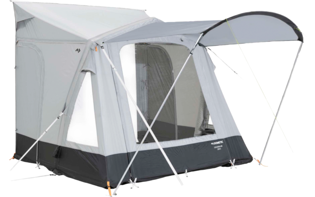 Tente grise avec auvent avant, grande fenêtre en maille, entrée zippée, arceaux métalliques, haubans, base inférieure sombre et fixations orange