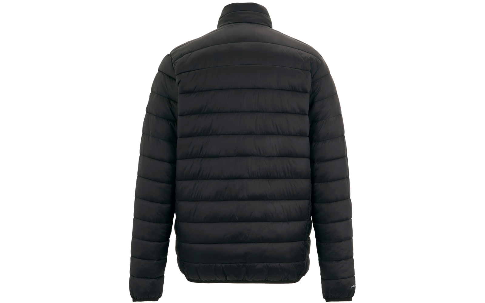 Schwarze gesteppte Jacke, Rückenansicht, Stehkragen, lange Ärmel und horizontale Steppnähte