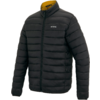 Schwarze gesteppte Jacke mit Frontreißverschluss, Stehkragen, gelbem Innenfutter am Kragen, horizontalen Steppnähten, zwei seitlichen Reißverschlusstaschen und kleinem Logo auf der linken Brust