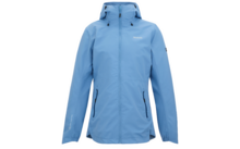 Veste à capuche bleu clair, vue de face, fermeture éclair sur toute la longueur, deux poches latérales zippées, capuche avec cordons, manches longues, petit logo sur la poitrine