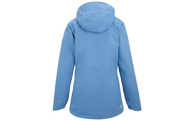 Hellblaue Jacke mit Kapuze, von hinten gezeigt, lange Ärmel, kleines quadratisches Label am rechten Saum