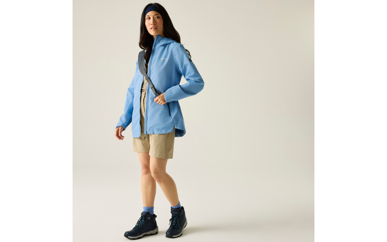 Person steht vor hellem Hintergrund, trägt blaue Regenjacke, beige Shorts, blaues Stirnband, Umhängetasche, blaue Socken und schwarze Wanderschuhe