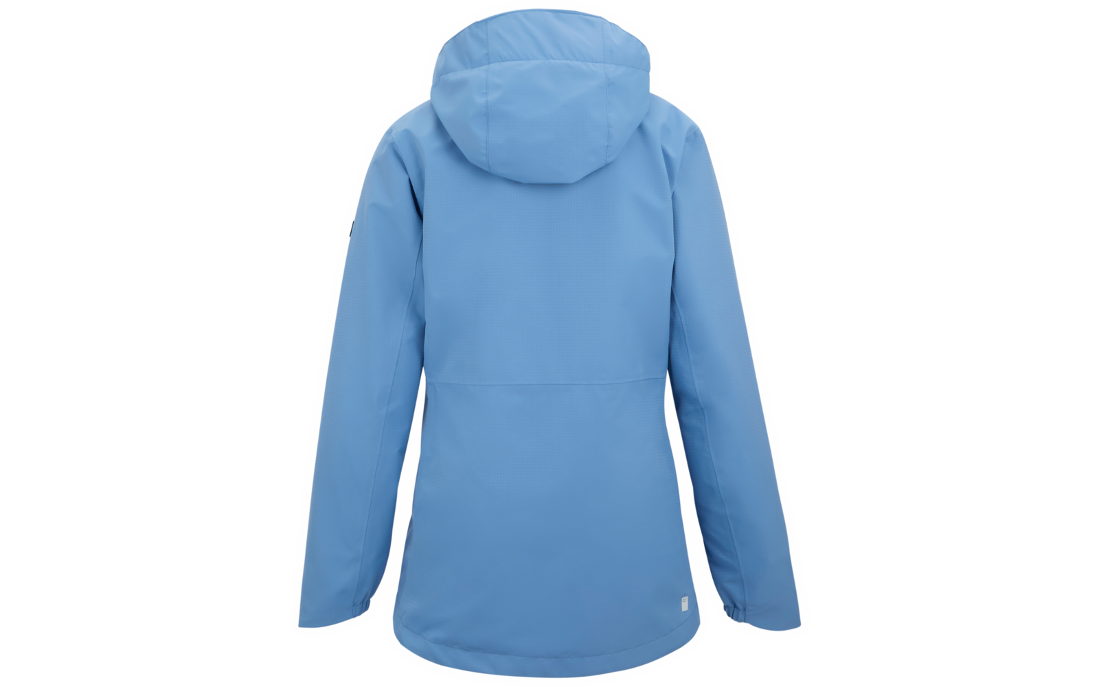 Hellblaue Jacke mit Kapuze, von hinten gezeigt, lange Ärmel, kleines quadratisches Label am rechten Saum