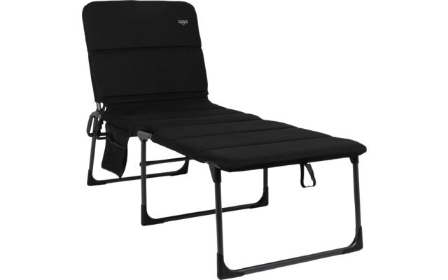 Zwart gewatteerd ligbed platgelegd met verdeeld bekleding, zwart metalen frame, stoffen zijvak en lus aan het voeteneinde