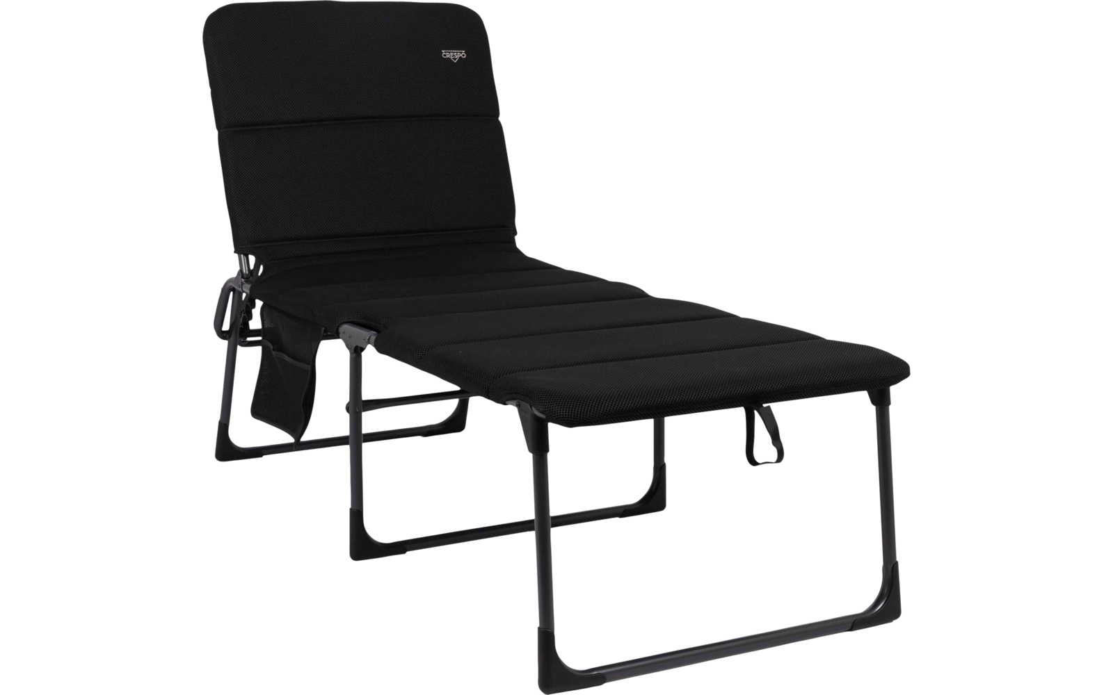 Zwart gewatteerd ligbed platgelegd met verdeeld bekleding, zwart metalen frame, stoffen zijvak en lus aan het voeteneinde