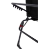Zwart metalen frame en zwarte stofrug, horizontale armleuning met vijf halfronde uitsparingen, rood clipje op de onderste frameverbinding
