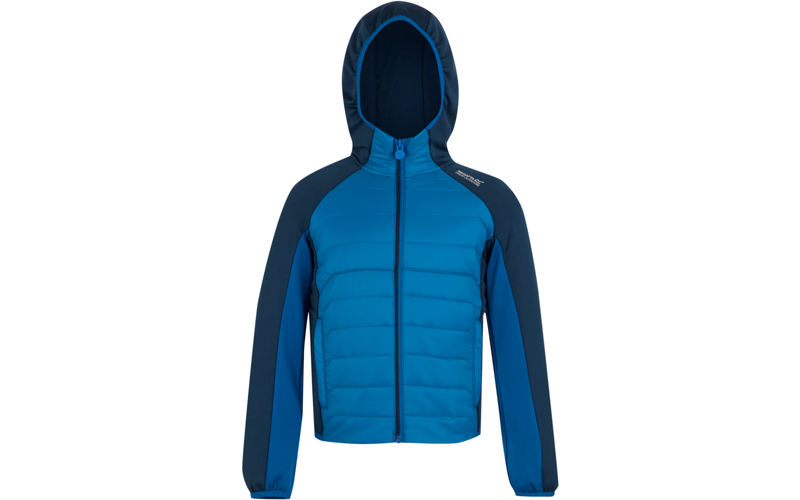 Blau gewatteerd jack met capuchon en lange mouwen