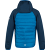 Blauw en donkerblauw doorgestikte jas met capuchon van achteren gezien
